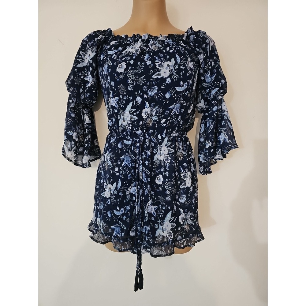 American Eagle Romper Blue Cottagecore Floral Ruffle On/Off Shoulder XXS